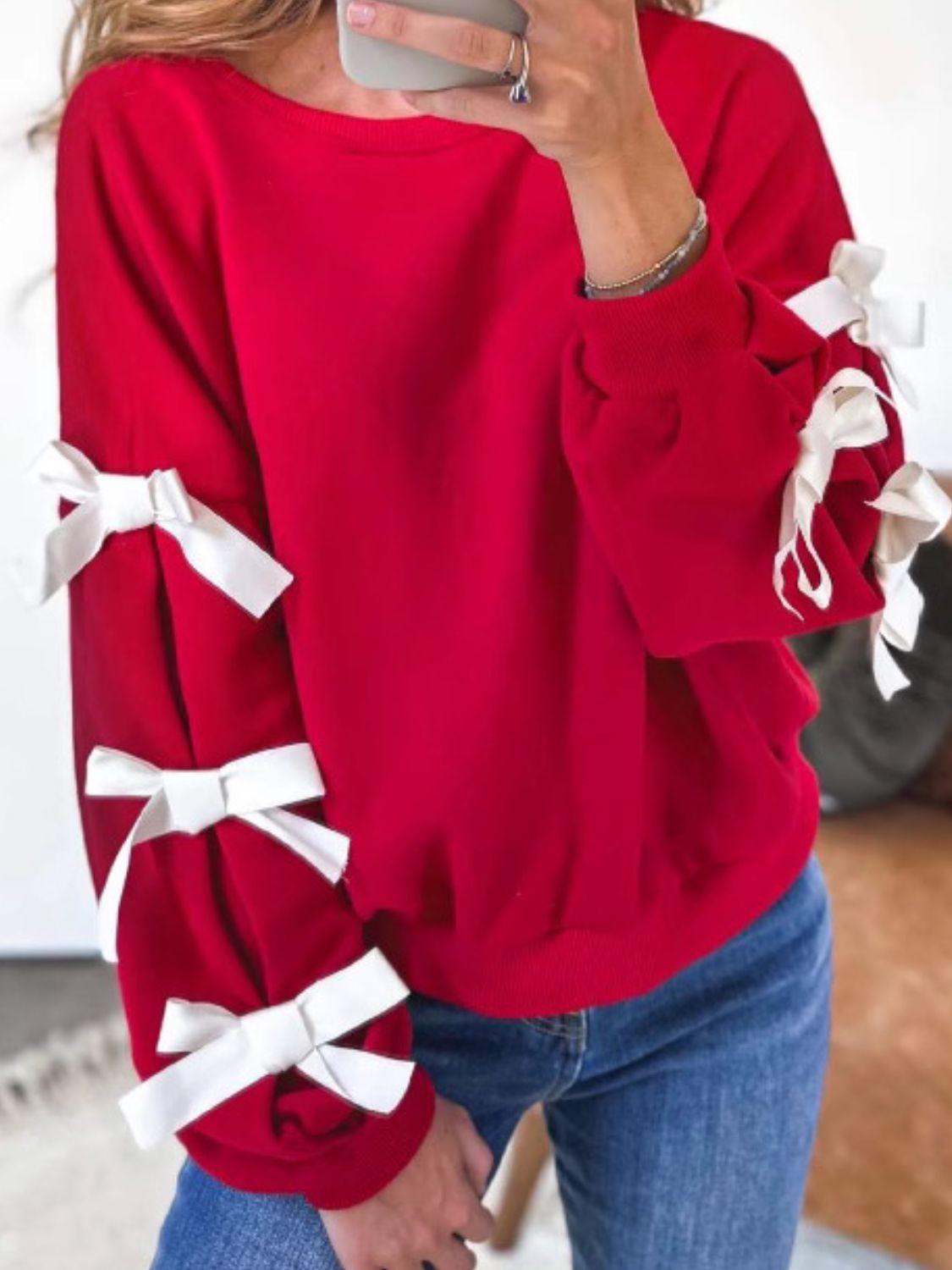 Contrast Bow Round Neck Long Sleeve Sweatshirt [Spirit and Rebel]