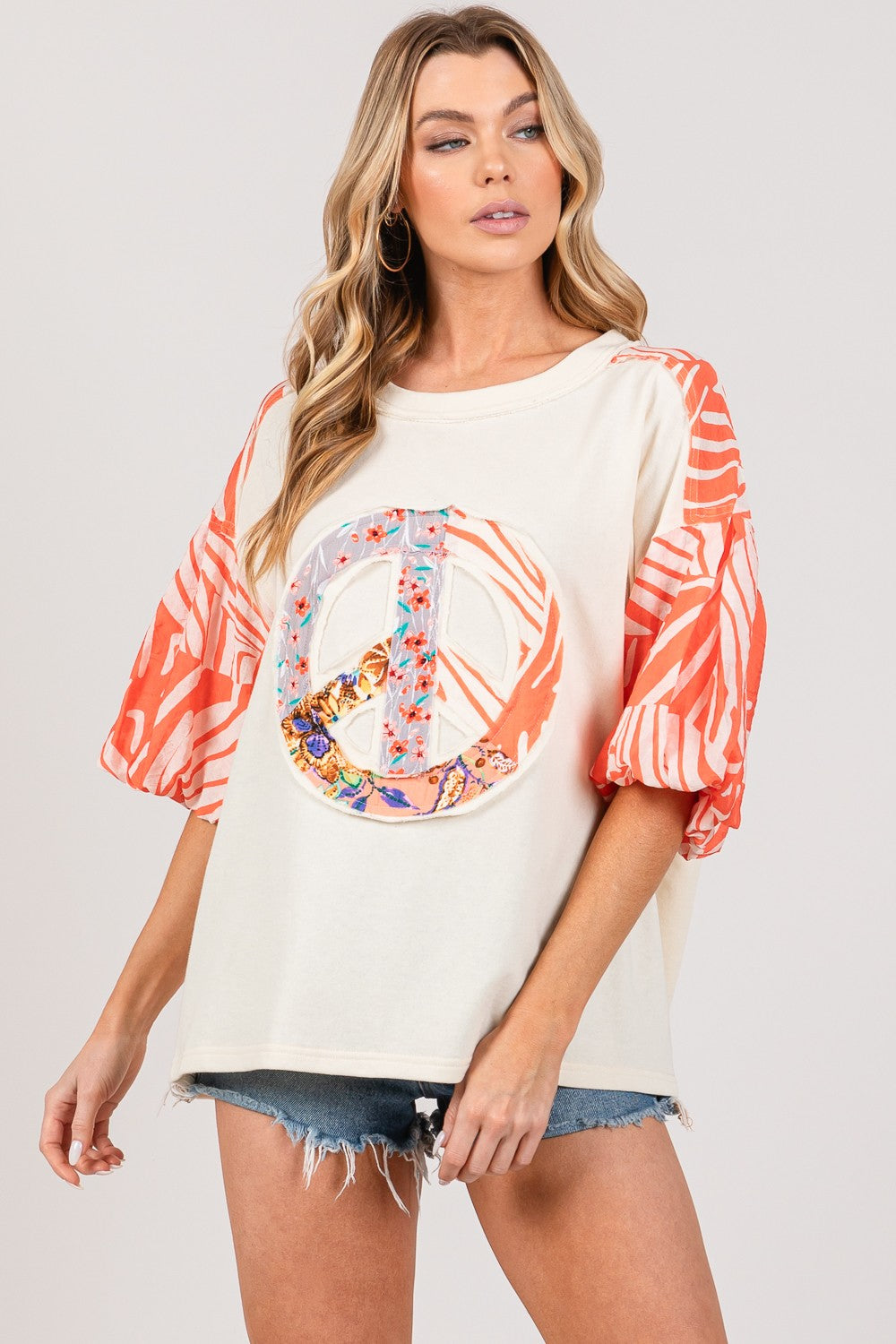 Spirit and Rebel Peace Applique Patch with Zebra Print Contrast Boho Top [Spirit and Rebel] Tangerine S 