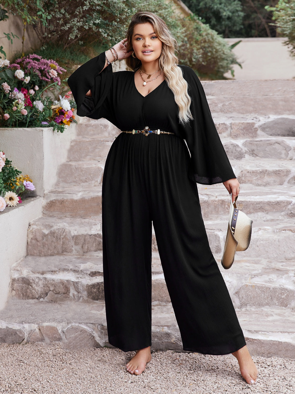 Plus Size V-Neck Long Sleeve Wide Leg Jumpsuit [Spirit and Rebel]   