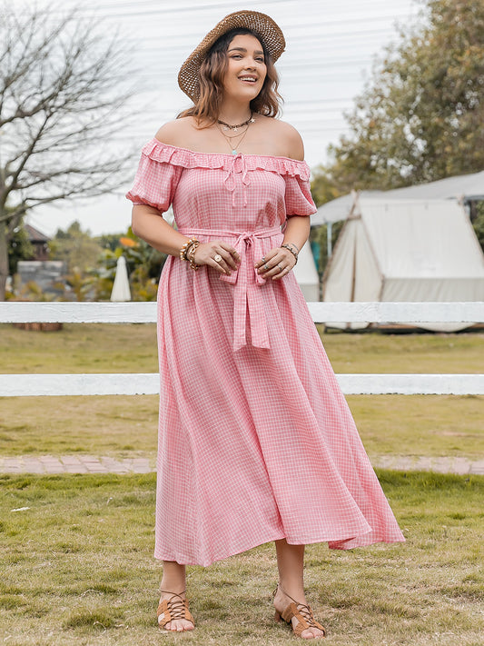 Plus Size Plaid Off-Shoulder Short Sleeve Midi Boho Dress - Spirit and Rebel [Spirit and Rebel] Blush Pink 1XL 