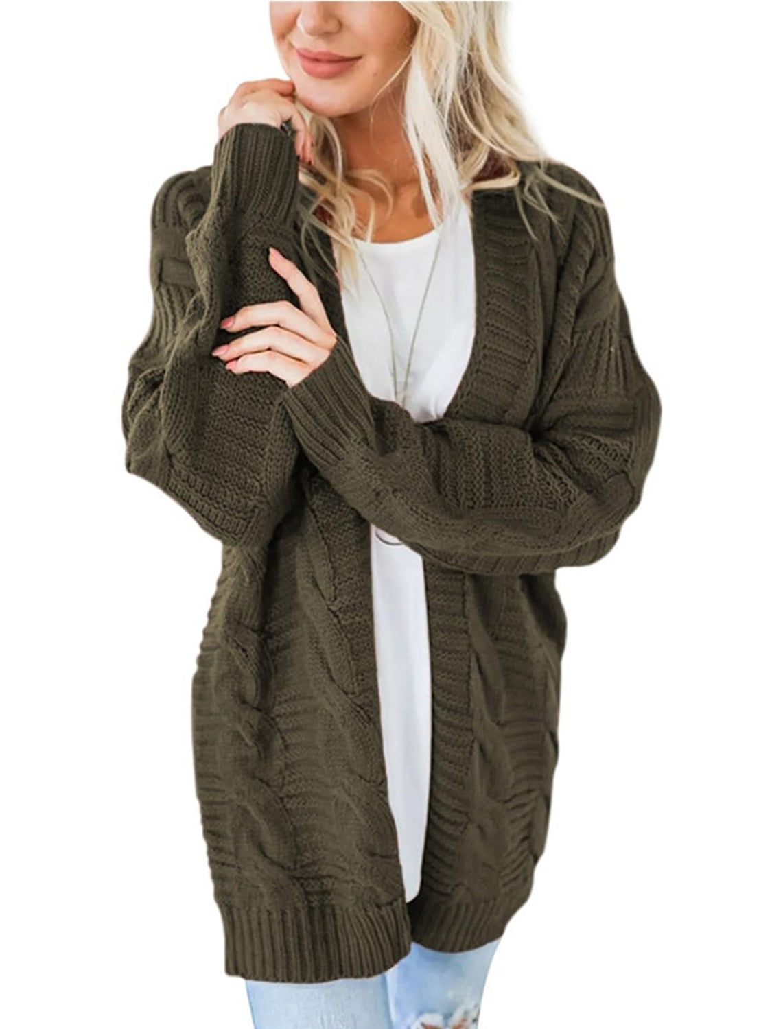 Spirit and Rebel Cable-Knit Open Front Long Sleeve Boho Cardigan [Spirit and Rebel]   