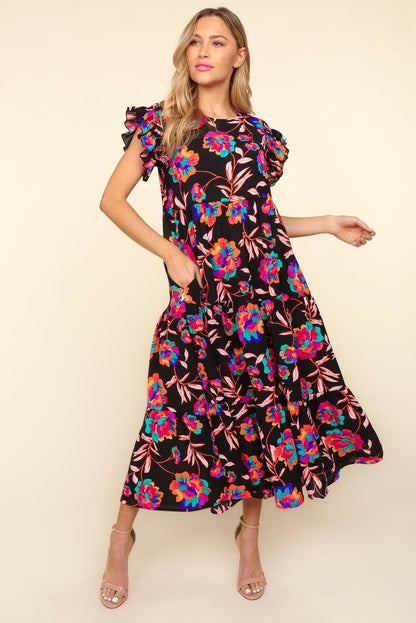 Ruffled Printed Round Neck Cap Sleeve Boho Dress - Spirit and Rebel [Spirit and Rebel] Black S 