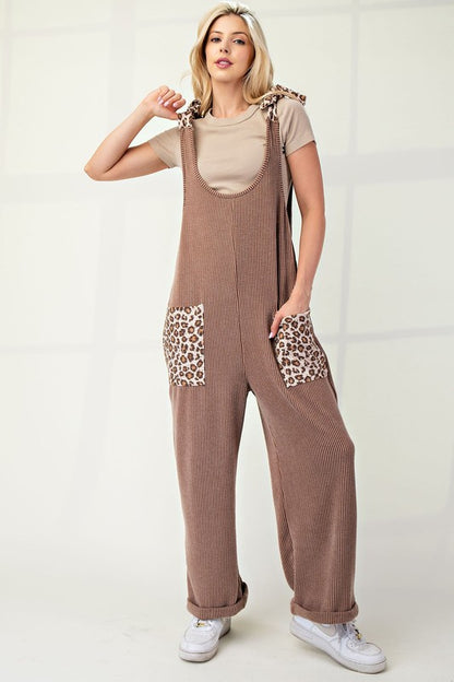 Plus Size Ribbed Leopard Tied Shoulder Overalls [Spirit and Rebel]