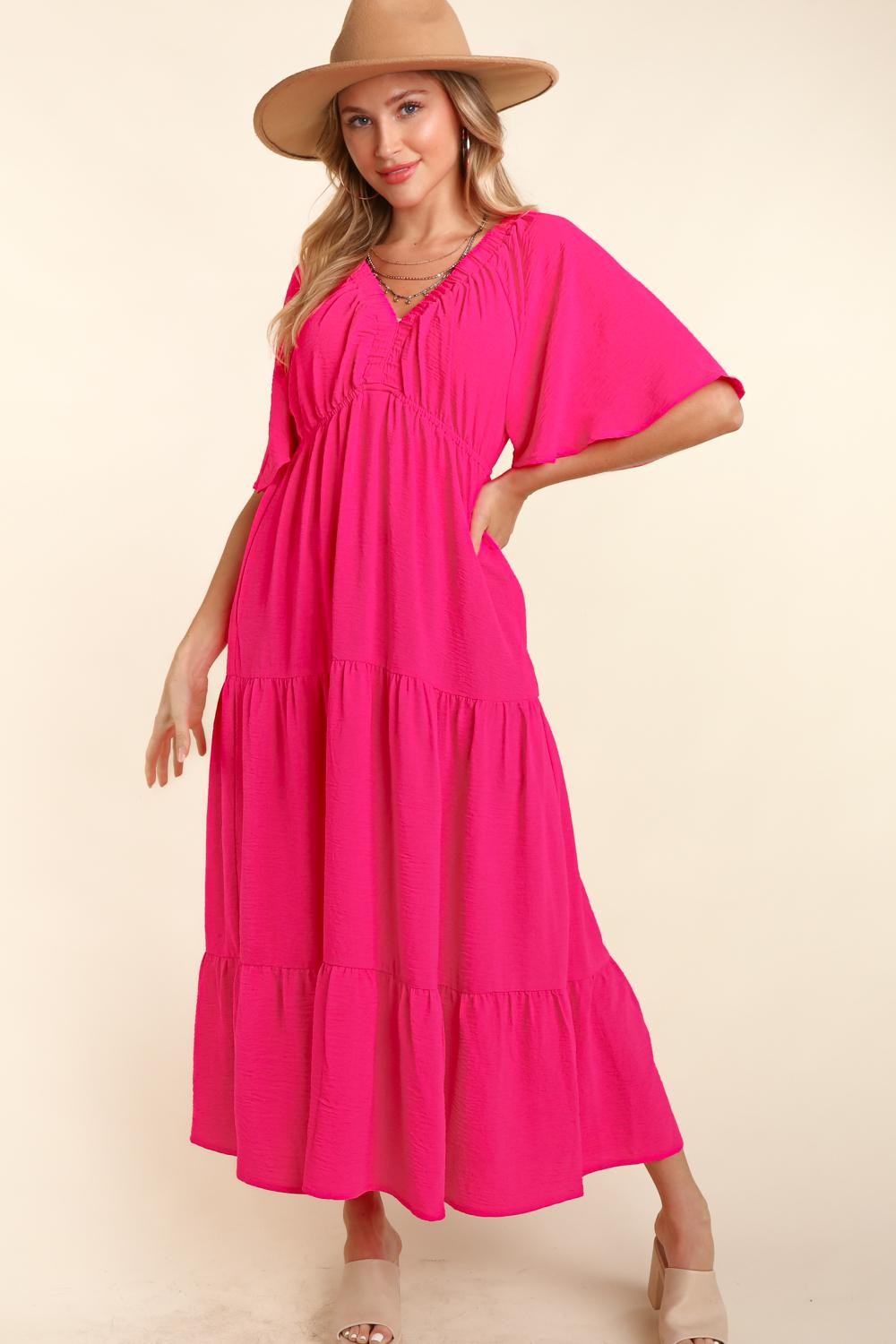 Tiered Babydoll Maxi Boho Dress with Side Pocket - Spirit and Rebel [Spirit and Rebel] Hot Pink S 