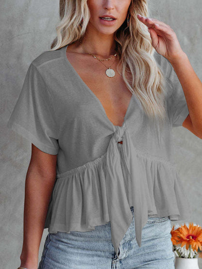 Tied Plunge Short Sleeve Boho Blouse - Spirit and Rebel [Spirit and Rebel]   