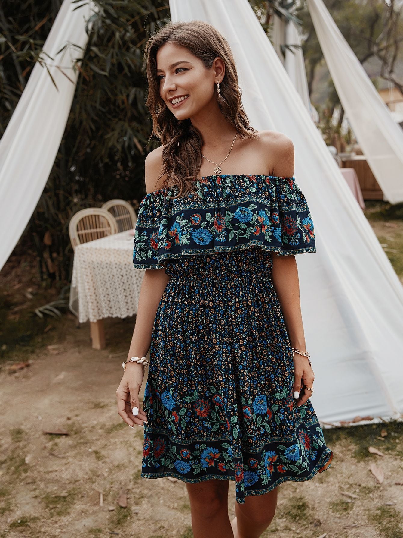 Bohemian Print Off-Shoulder Strapless Knee Length Dress [Spirit and Rebel]   