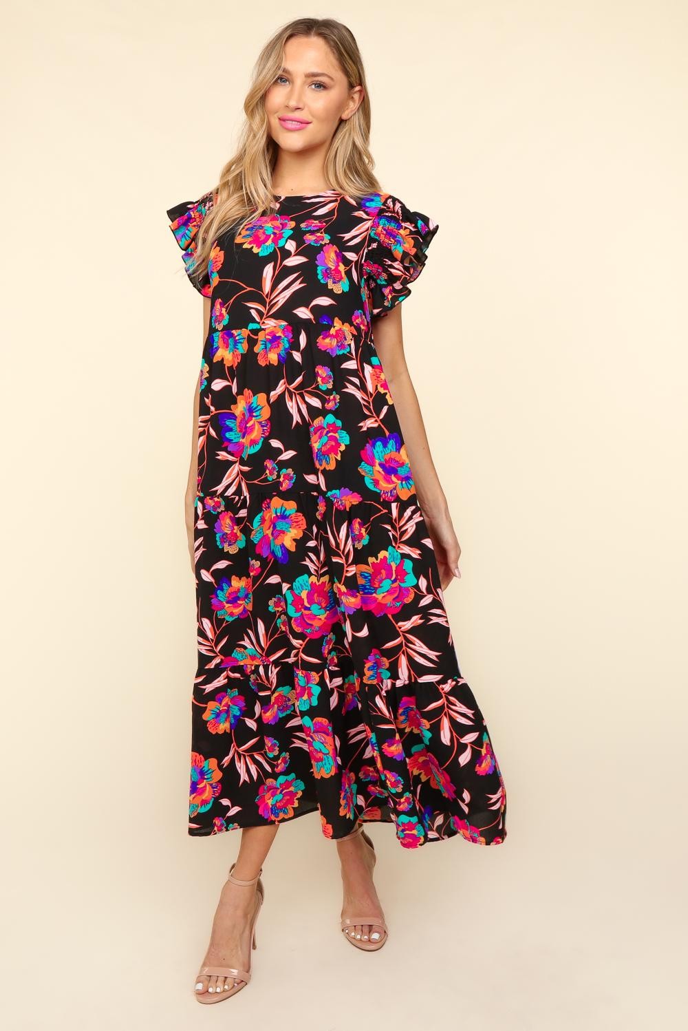 Ruffled Printed Round Neck Cap Sleeve Boho Dress - Spirit and Rebel [Spirit and Rebel]   