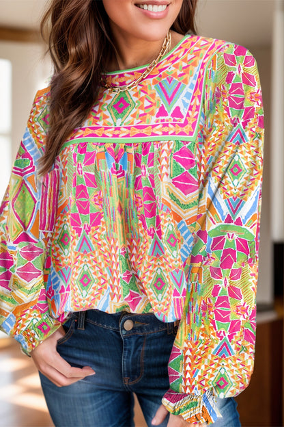 Spirit and Rebel Geometric Printed Round Neck Long Sleeve Bohemian Blouse [Spirit and Rebel] Hot Pink S 