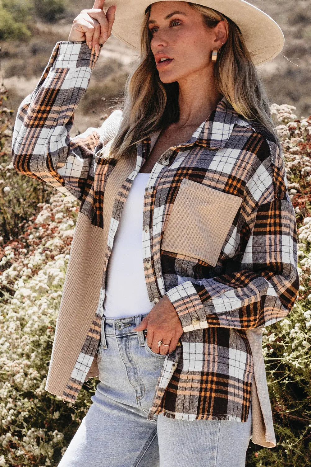 Spirit and Rebel Pocketed Plaid Collared Neck Dropped Shoulder Shacket [Spirit and Rebel]   