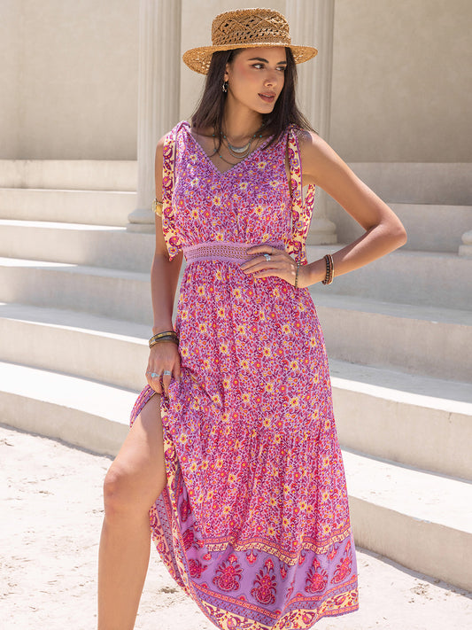 Tied Printed V-Neck Sleeveless Boho Dress - Spirit and Rebel [Spirit and Rebel] Fuchsia Pink S 