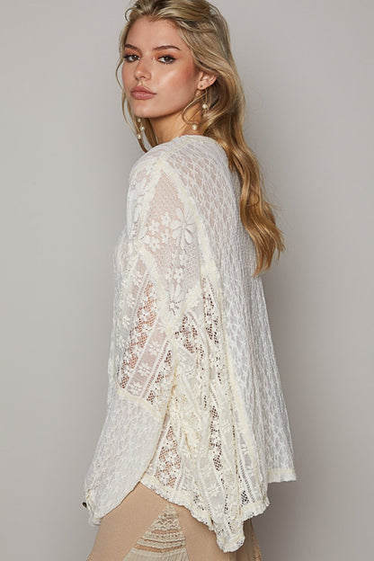 POL Round Neck Long Sleeve Raw Edge Lace Top [Spirit and Rebel]   