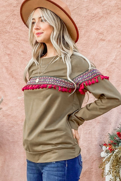 Spirit and Rebel Ethnic Ribbon Tassel Trim Boho Top [Spirit and Rebel]   