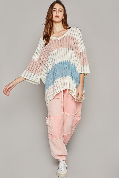 V-Neck Short Sleeve Stripe Weave Boho Sweater - Spirit and Rebel [Spirit and Rebel]   