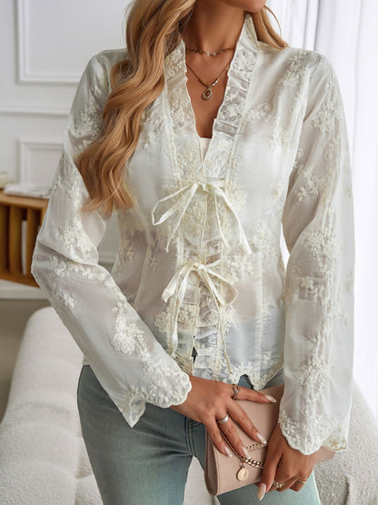 Spirit and Rebel Devine Tied Frill V-Neck Long Sleeve Lace Boho Top [Spirit and Rebel]   