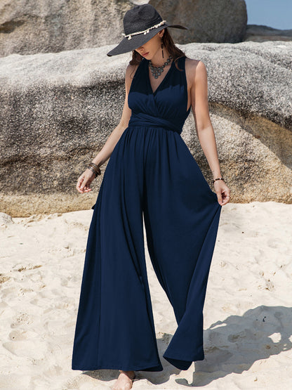 Surplice Wide Leg Boho Jumpsuit with Free Tie - Spirit and Rebel [Spirit and Rebel]   