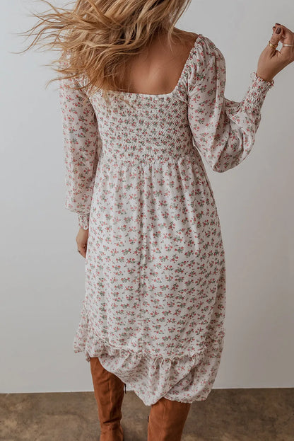 Spirit and Rebel Smocked Floral Square Neck Long Sleeve Midi Dress [Spirit and Rebel]   