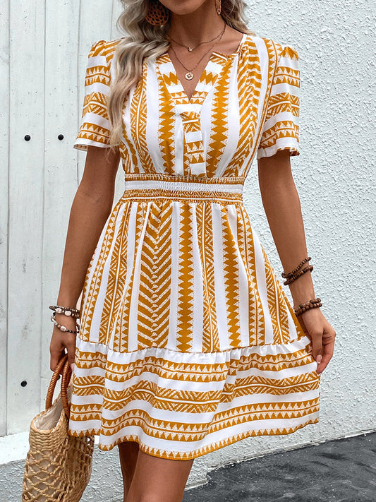 Geometric Notched Short Sleeve Mini Boho Dress - Spirit and Rebel [Spirit and Rebel] Mustard S 