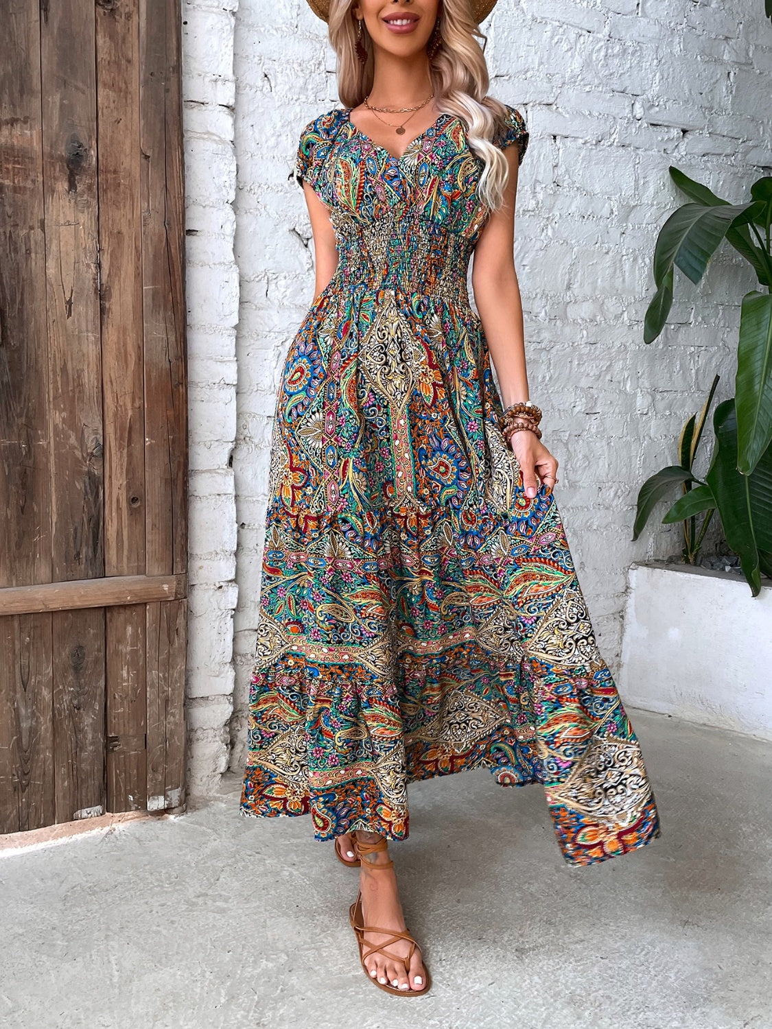 Smocked Printed Cap Sleeve Midi Boho Dress [Spirit and Rebel]   