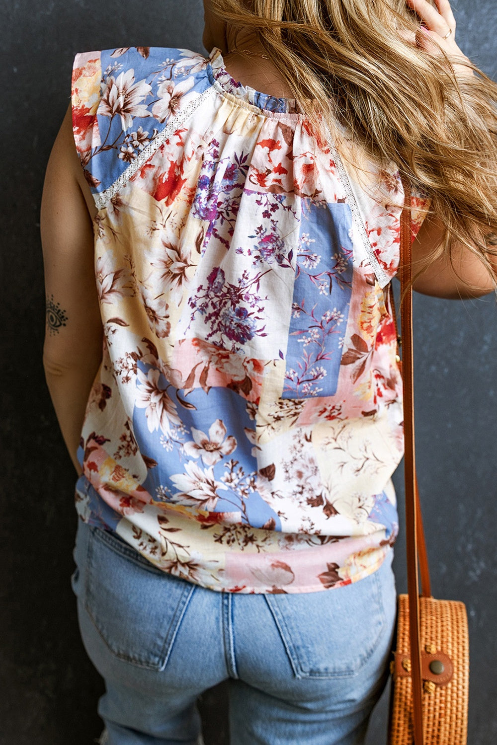 Printed Tie Neck Cap Sleeve Boho Blouse - Spirit and Rebel [Spirit and Rebel]   