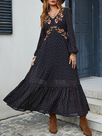 Embroidered V-Neck Long Sleeve Boho Dress - Spirit and Rebel [Spirit and Rebel]   