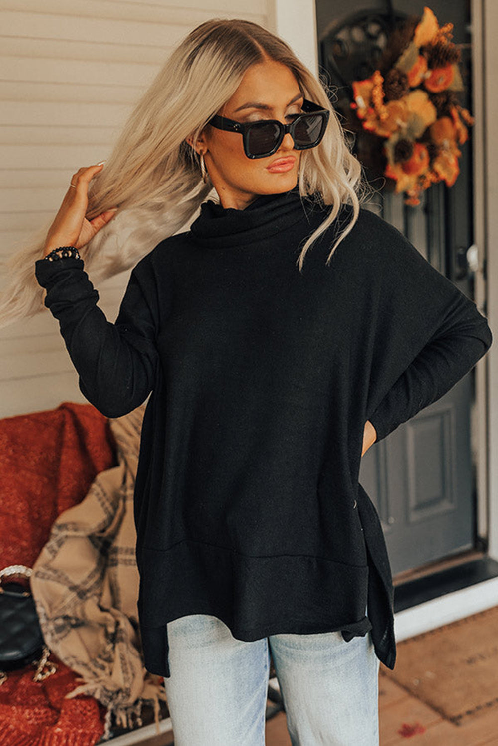 Side Slit High-Low Cowl Neck Long Sleeve Boho Blouse [Spirit and Rebel]