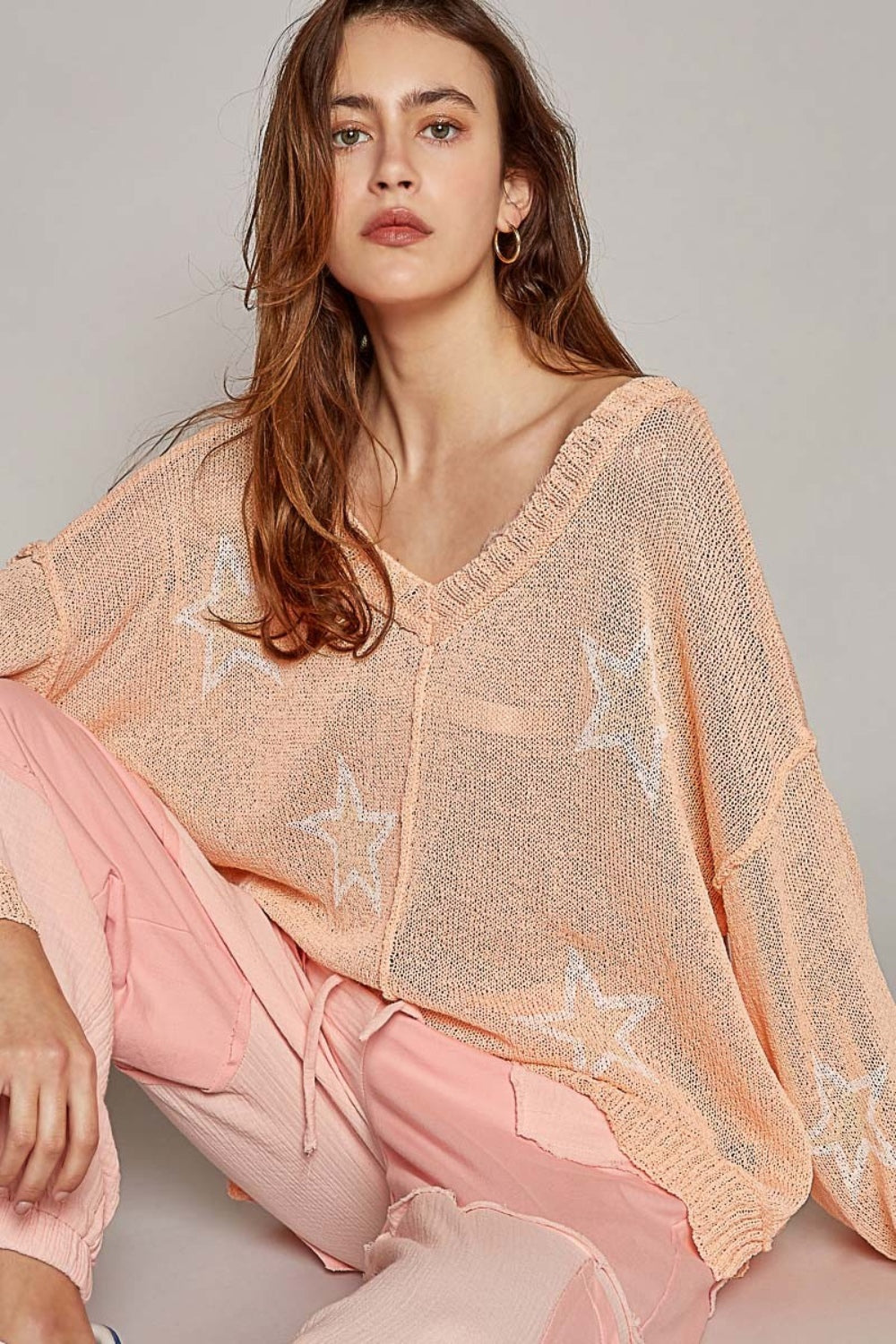 V-Neck Long Sleeve Star Print Knit Boho Top - Spirit and Rebel [Spirit and Rebel] Peach S 