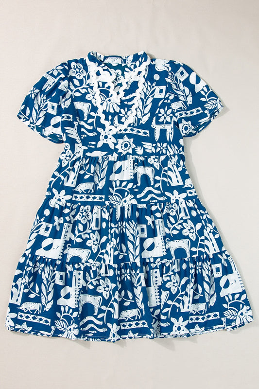 Printed Notched Short Sleeve Mini Boho Dress - Spirit and Rebel [Spirit and Rebel] Peacock  Blue S 