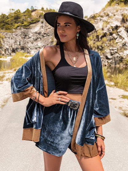 Contrast Open Front Boho Top and Boho Shorts Set - Spirit and Rebel [Spirit and Rebel] Navy S 