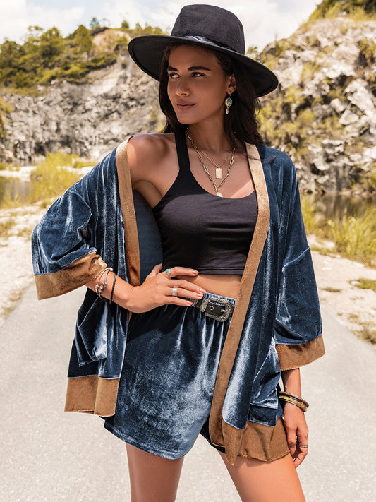 Contrast Open Front Boho Top and Boho Shorts Set - Spirit and Rebel [Spirit and Rebel] Navy S 