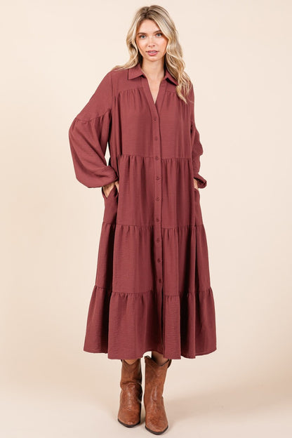 Spirit and Rebel Mittoshop Tiered Button Down Long Sleeve Midi Dress [Spirit and Rebel]   