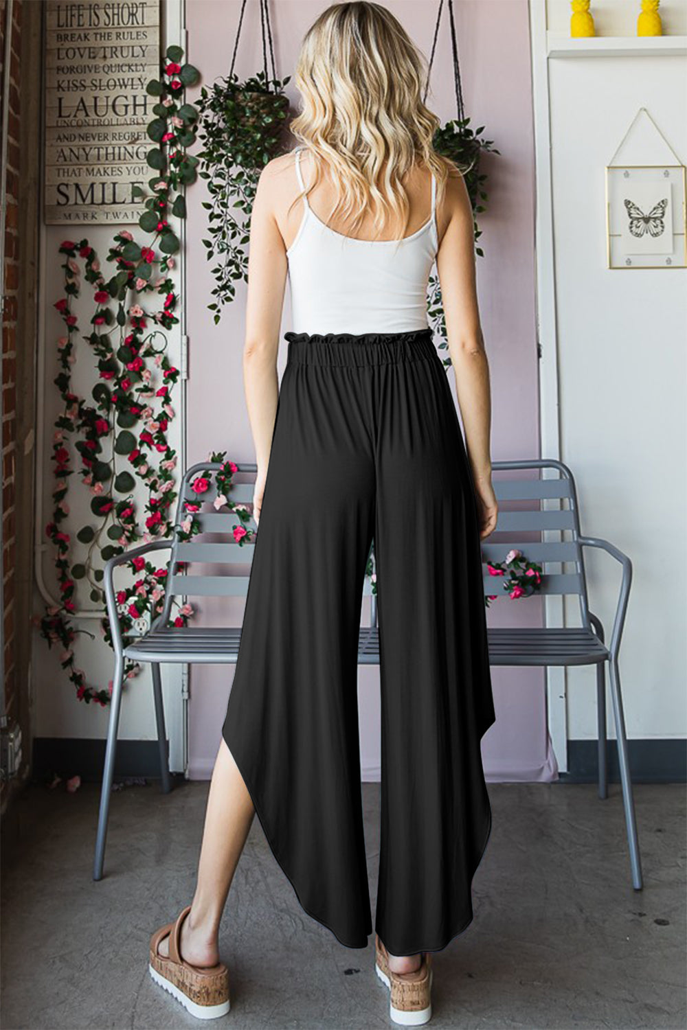 Heimish Plus Size Frill Slit High Waist Wide Leg Boho Pants [Spirit and Rebel]   