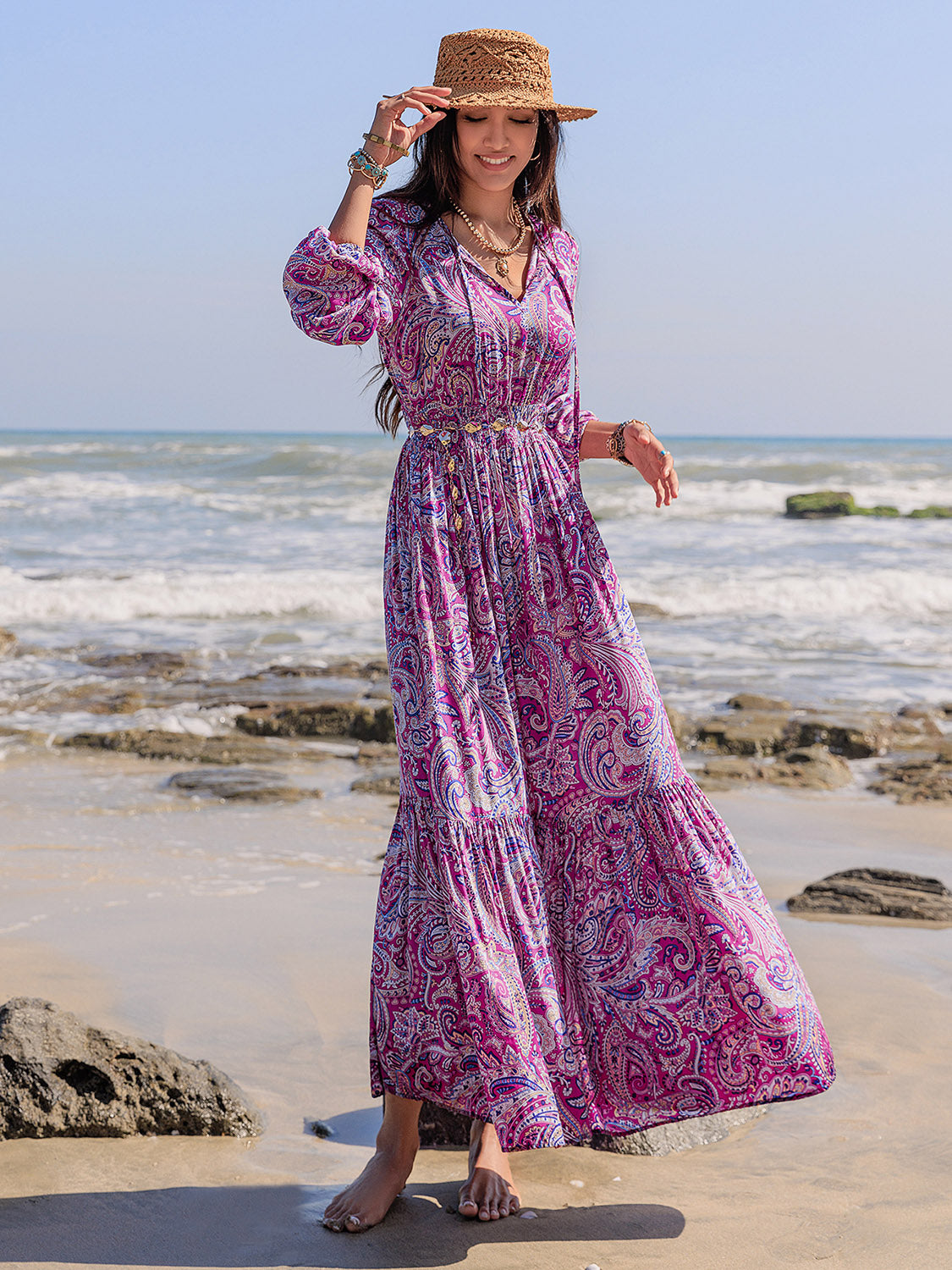 Spirit and Rebel Printed Tie Neck Balloon Sleeve Maxi Dress [Spirit and Rebel]   