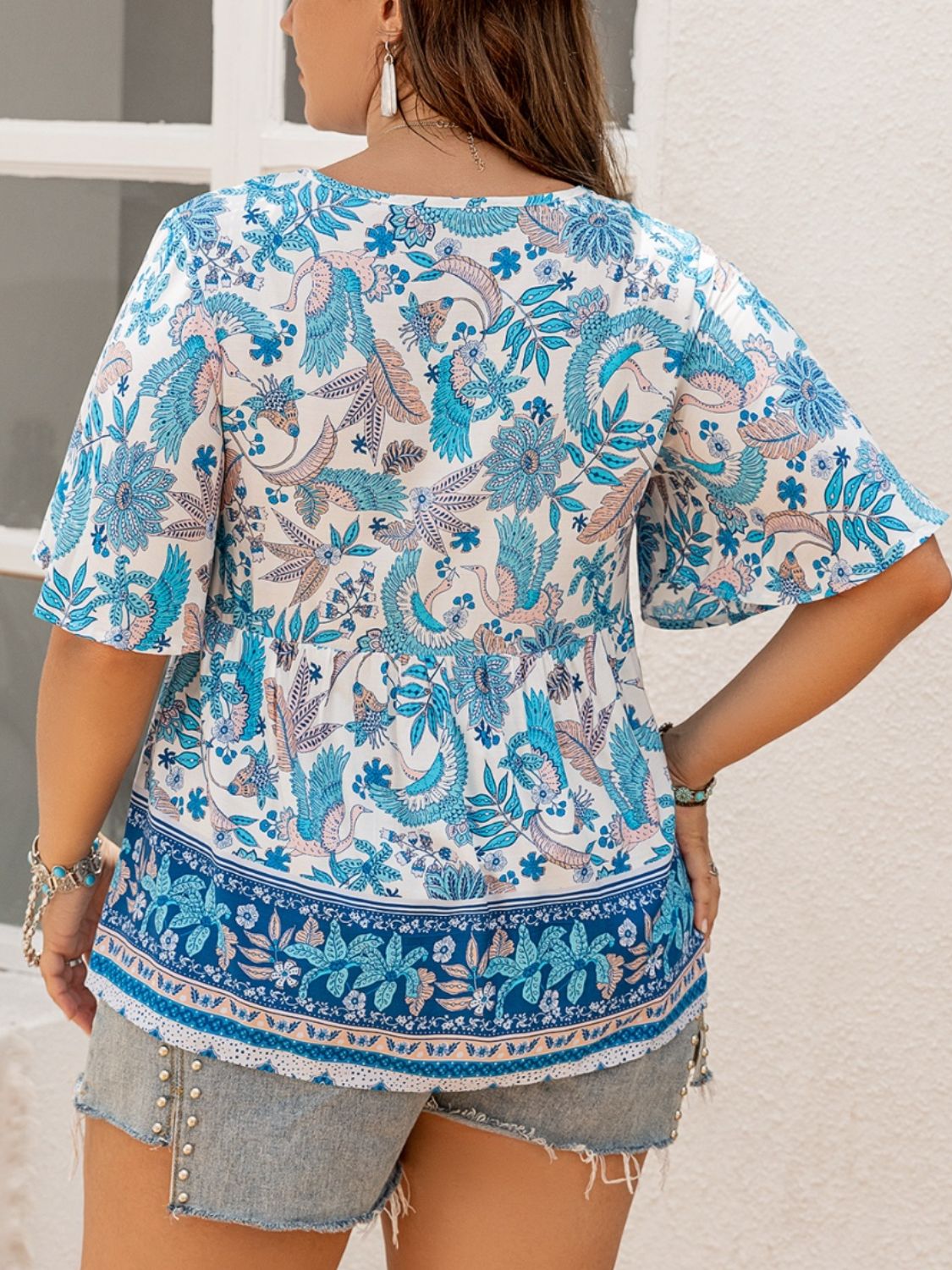 Plus Size Printed V-Neck Half Sleeve Boho Blouse - Spirit and Rebel [Spirit and Rebel]   