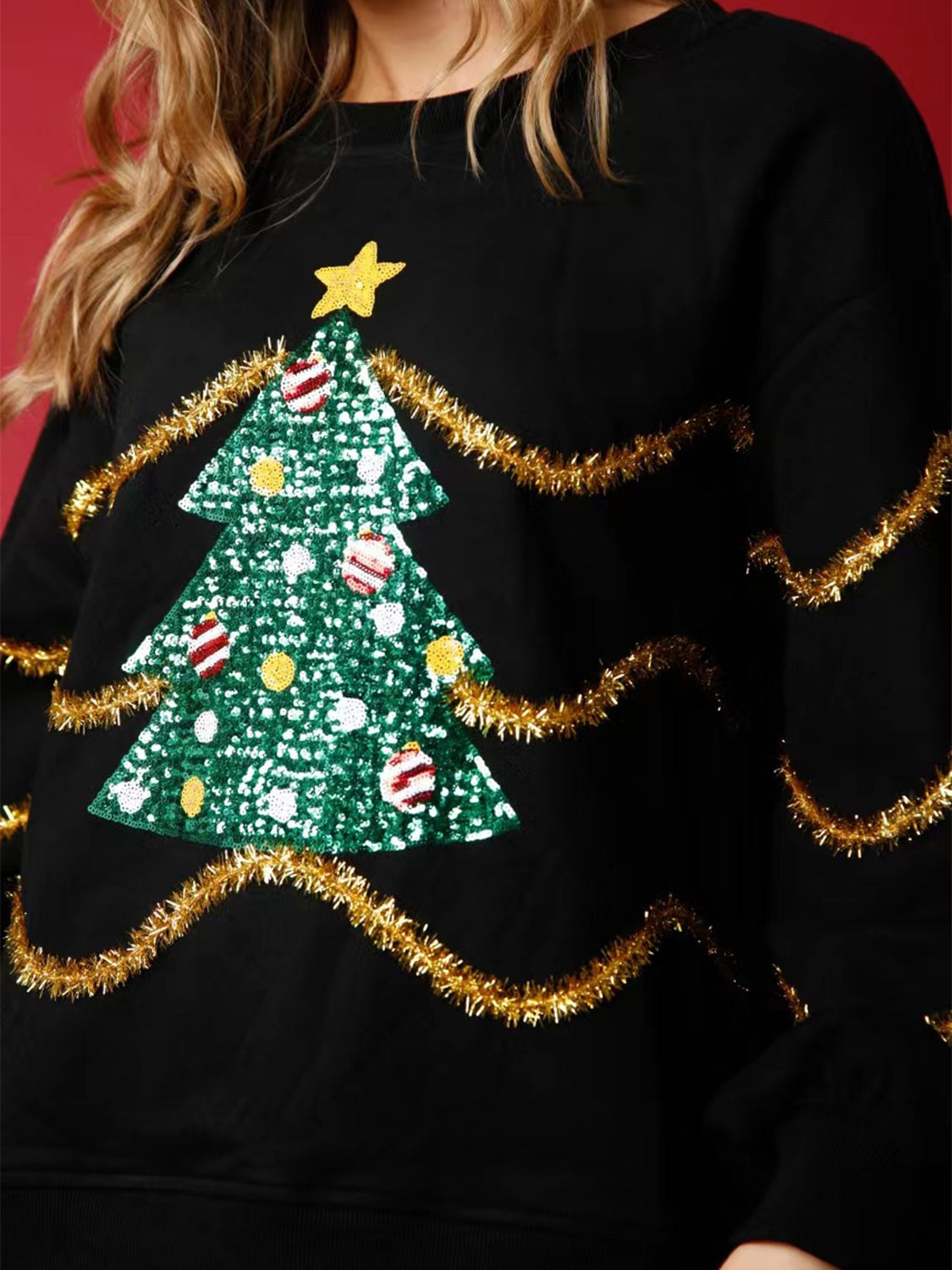 Sequin Christmas Tree Round Neck Boho Sweatshirt [Spirit and Rebel]