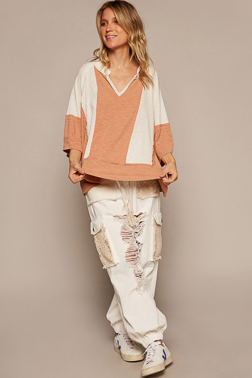 Notched Frayed Edge Contrast Boho Top - Spirit and Rebel [Spirit and Rebel]   