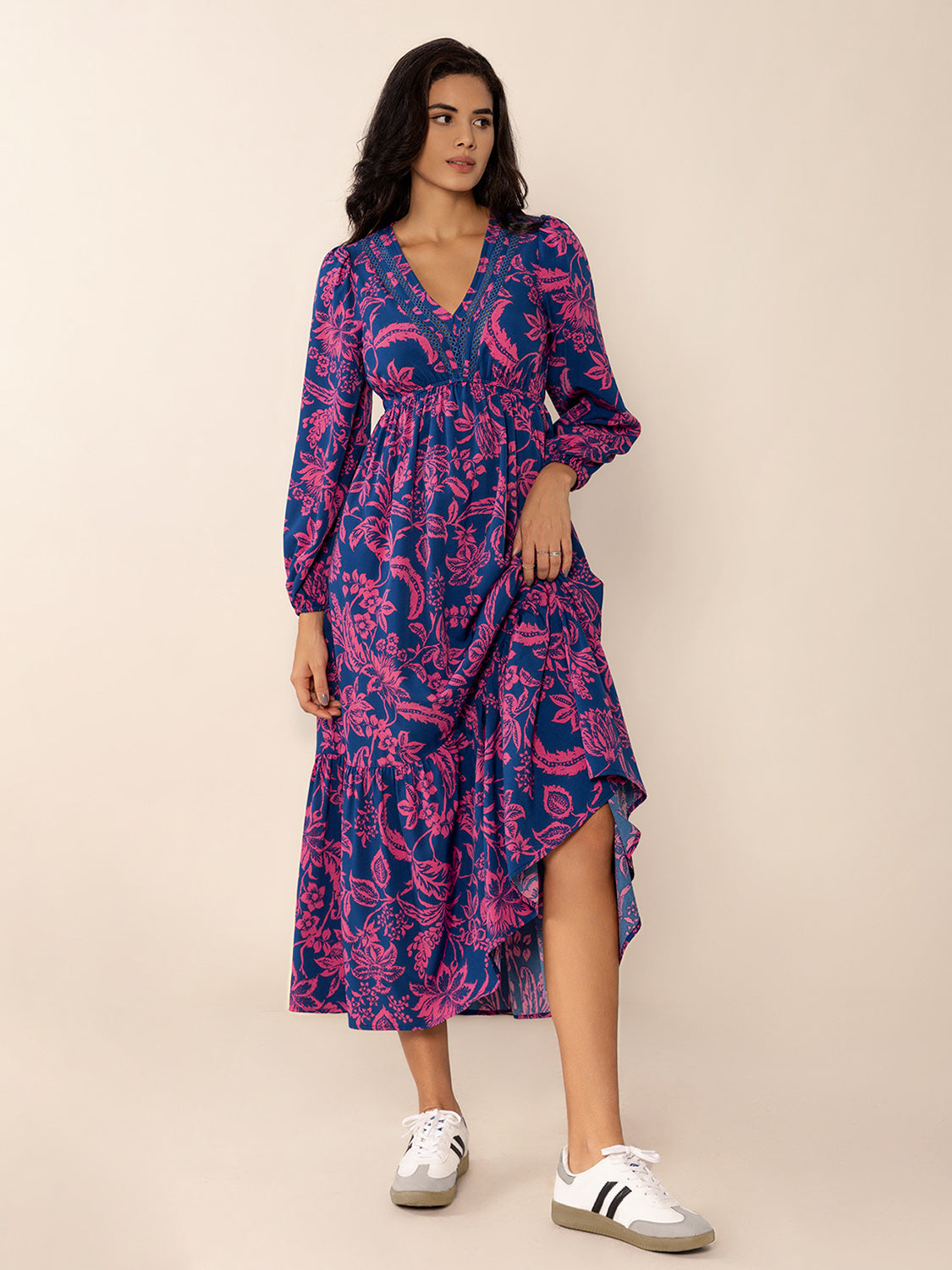 Spirit and Rebel Printed V-Neck Long Sleeve Midi Dress [Spirit and Rebel]   