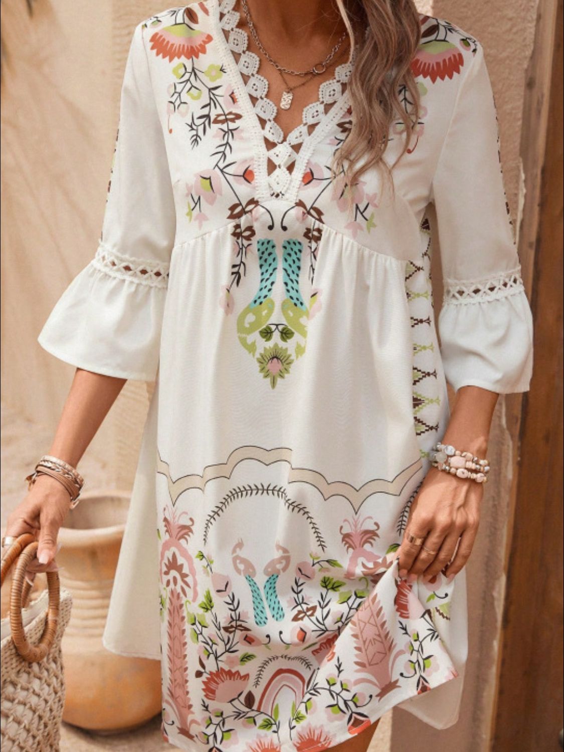 Lace Detail Printed Three-Quarter Sleeve Dress - Spirit and Rebel [Spirit and Rebel]   