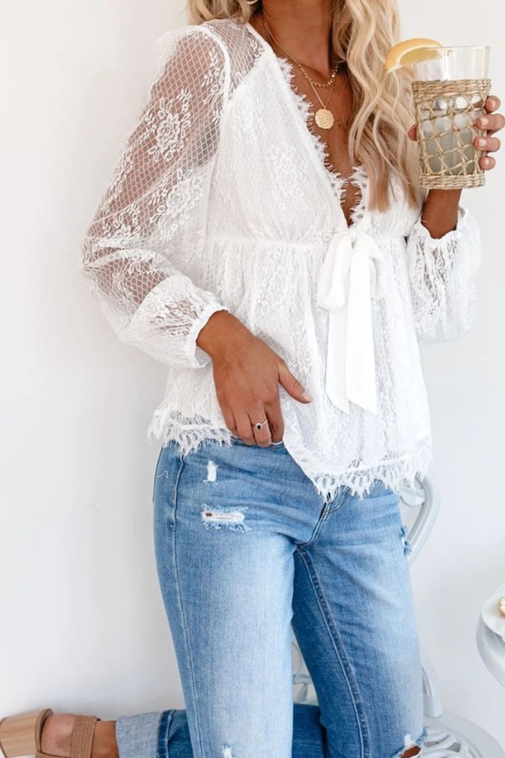 Boho Chic  Lace Detail Plunge Long Sleeve Blouse [Spirit and Rebel]   