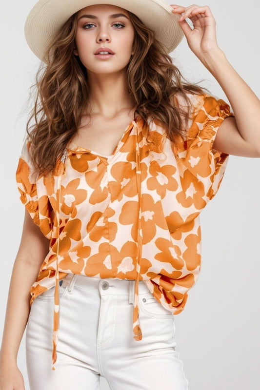 Printed Tie Neck Short Sleeve Boho Blouse - Spirit and Rebel [Spirit and Rebel] Tangerine S 