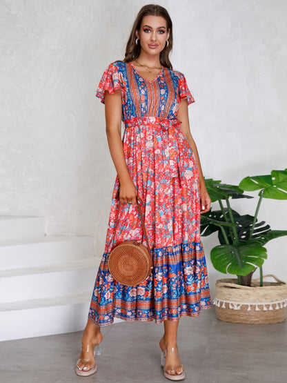 Tied Printed V-Neck Short Sleeve Boho Wedding Guest Dress [Spirit and Rebel]   