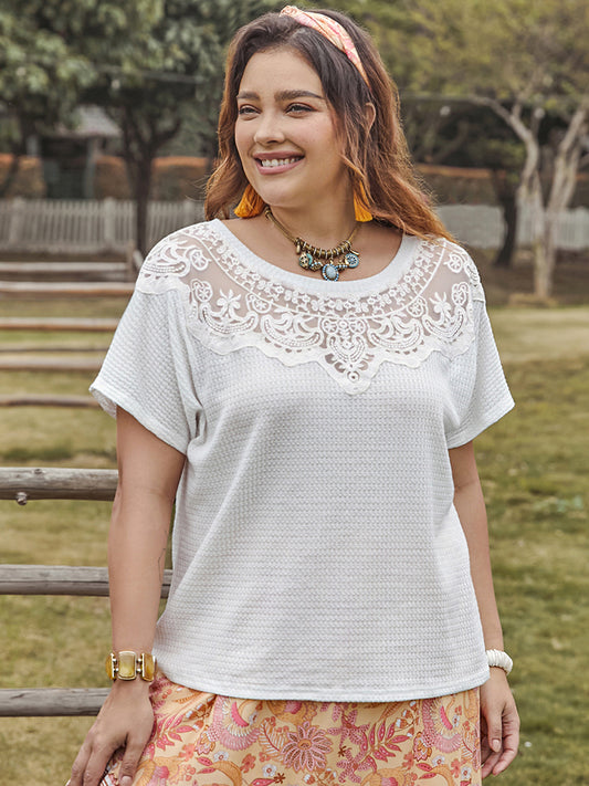 Plus Size Lace Detail Round Neck Short Sleeve Boho Top - Spirit and Rebel [Spirit and Rebel] White 0XL 