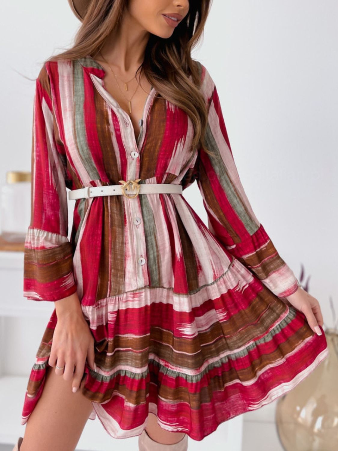 Buttoned Striped Long Sleeve Mini Dress - Spirit and Rebel [Spirit and Rebel]   