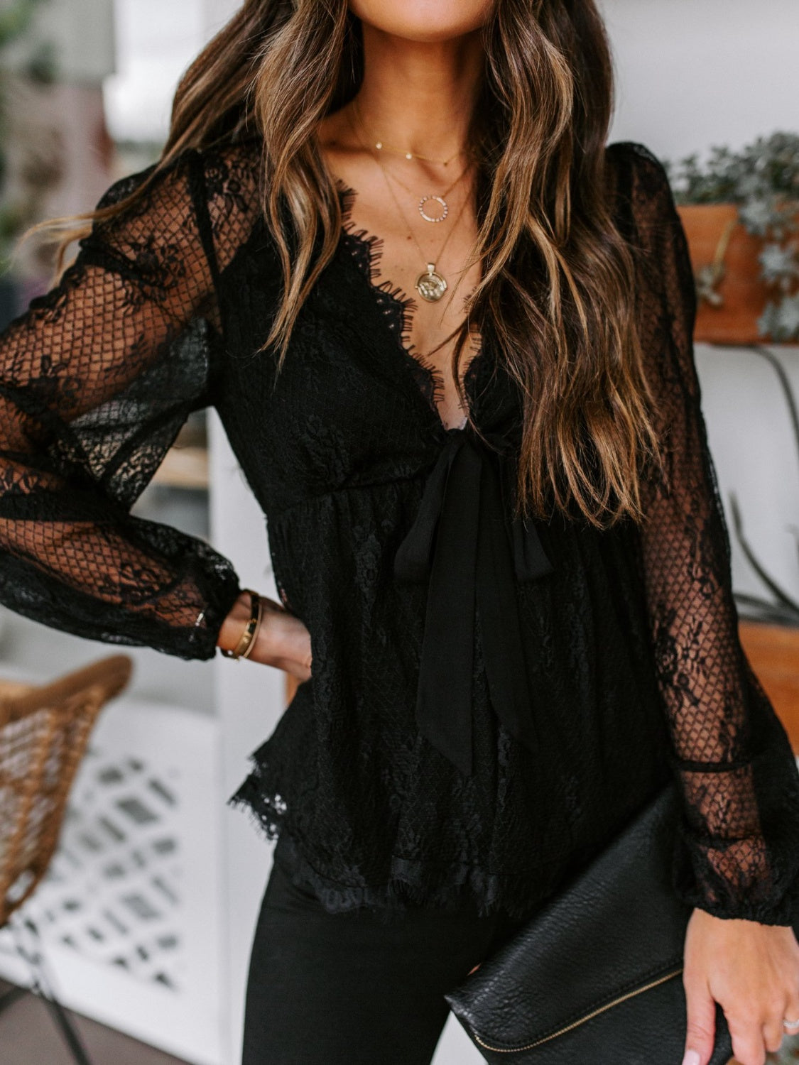 Boho Chic  Lace Detail Plunge Long Sleeve Blouse [Spirit and Rebel]   