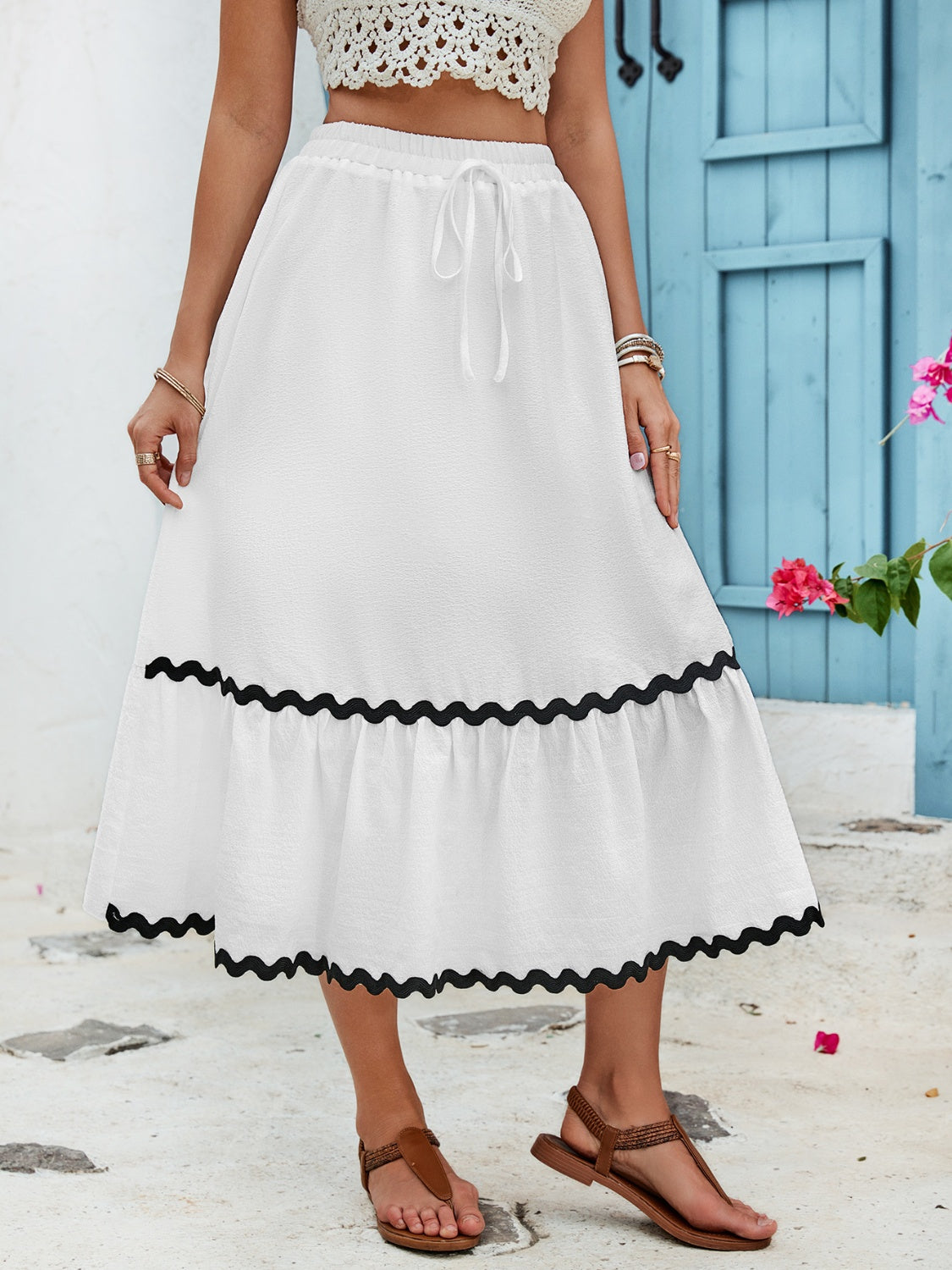 Tied Contrast Trim High Waist Boho Skirt [Spirit and Rebel]   