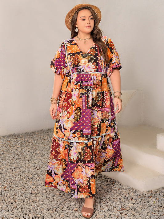 Plus Size Printed V-Neck Half Sleeve Maxi Boho Dress - Spirit and Rebel [Spirit and Rebel] Multicolor 0XL 