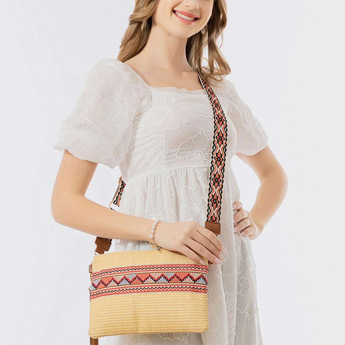 Geometric Straw Weave Crossbody Boho Bag - Spirit and Rebel [Spirit and Rebel] Tan One Size 