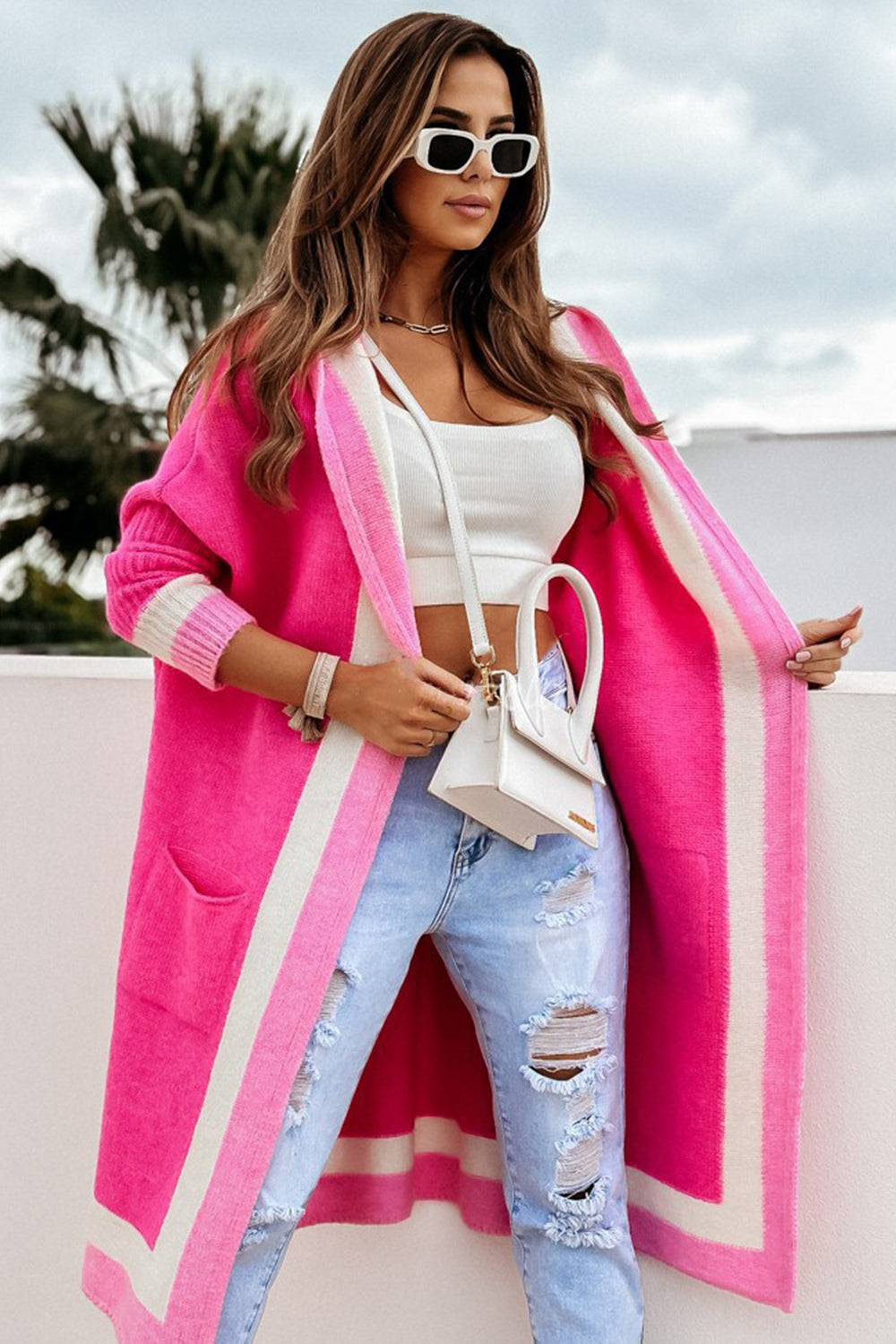 Pocketed Contrast Long Sleeve Hooded Boho Cardigan [Spirit and Rebel] Hot Pink One Size 