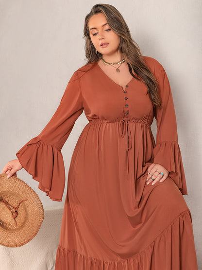 Plus Size V-Neck Flare Sleeve Maxi Boho Dress - Spirit and Rebel [Spirit and Rebel]   