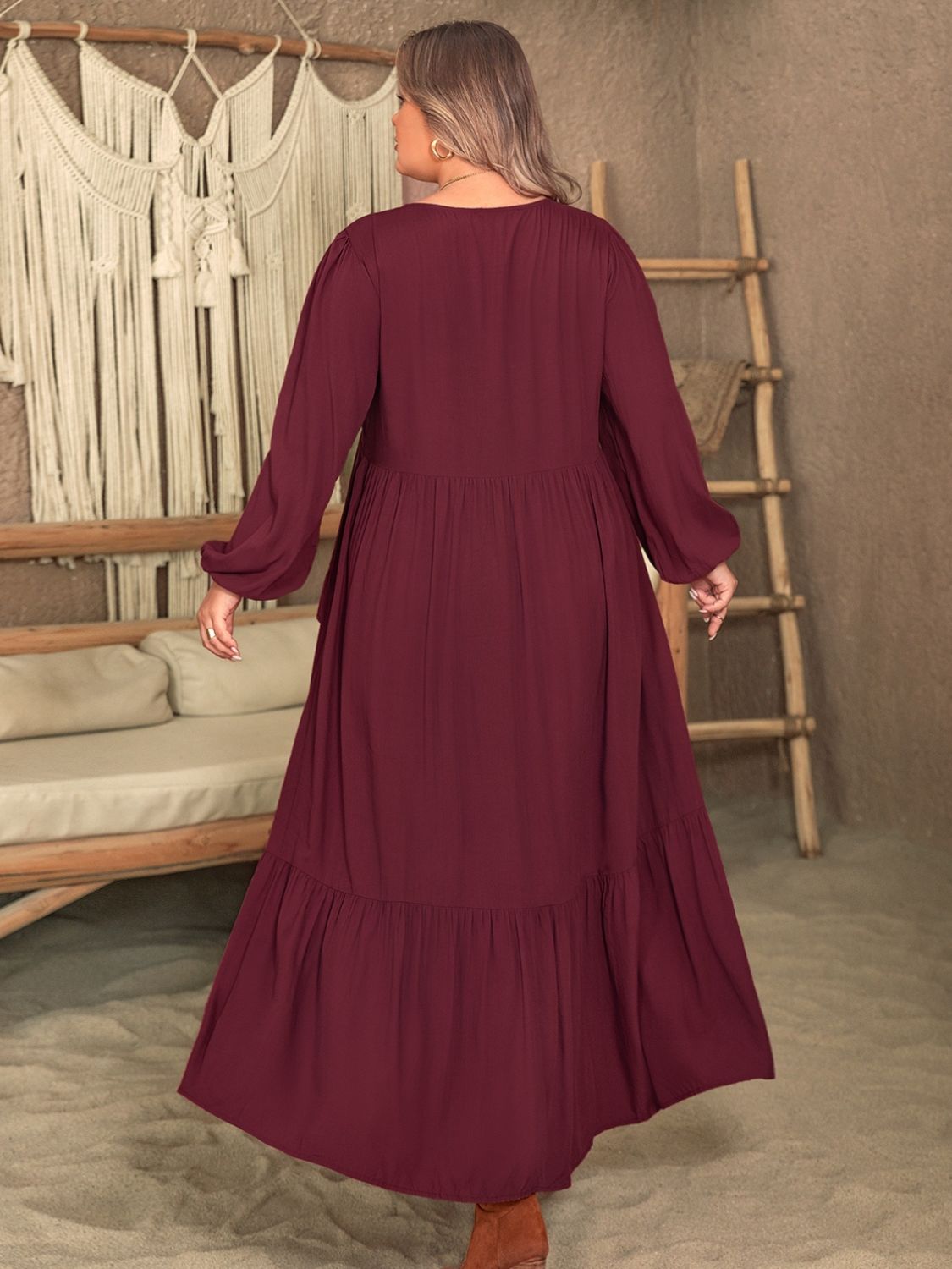 Plus Size Ruffled V-Neck Long Sleeve Dress - Spirit and Rebel [Spirit and Rebel]   