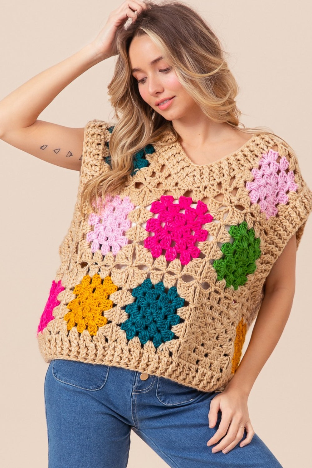 Granny Square Openwork Boho Sweater Vest - Spirit and Rebel [Spirit and Rebel]   